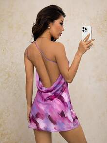 SHEIN PETITE Brush Blur Print Draped Backless Sexy Dress Perfect For Vacation - Purple - View 1
