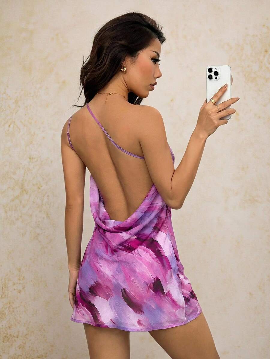 SHEIN PETITE Brush Blur Print Draped Backless Sexy Dress Perfect For Vacation - Purple - View 1