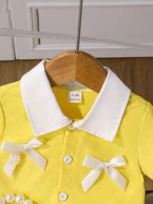 Souflis Souflis Cute Baby Girl Korean Style Pastel Yellow Summer Outfit Bow Decor Short Shirt And Pleated Skirt Set Daily Wear Photography 3M-3T Coord Set - Yellow - View 5