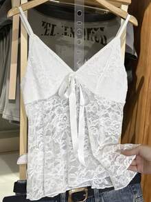 Lace Patchwork Knotted Solid Color Casual Camisole Top - White - View 7