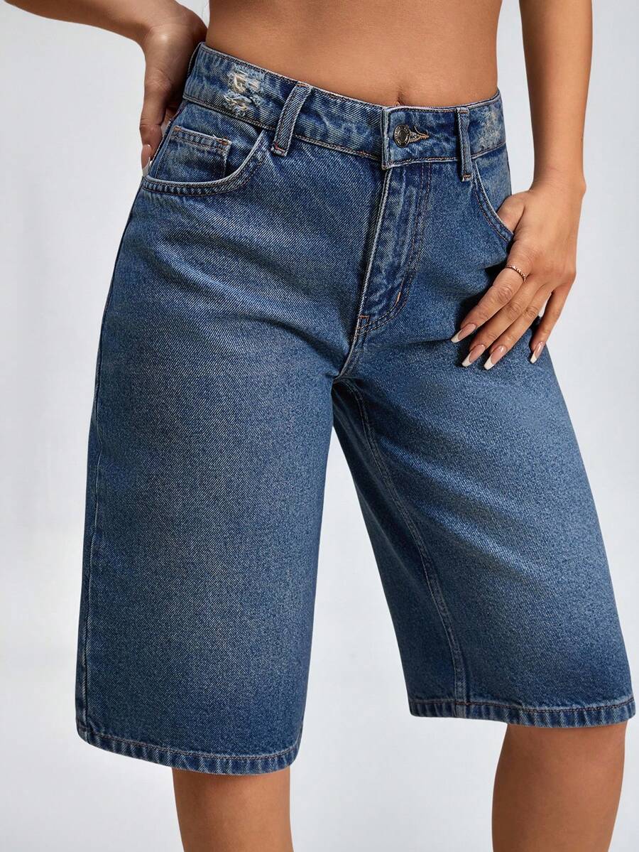 SHEIN Low Waist Washed Denim Jort - Medium Wash - View 1