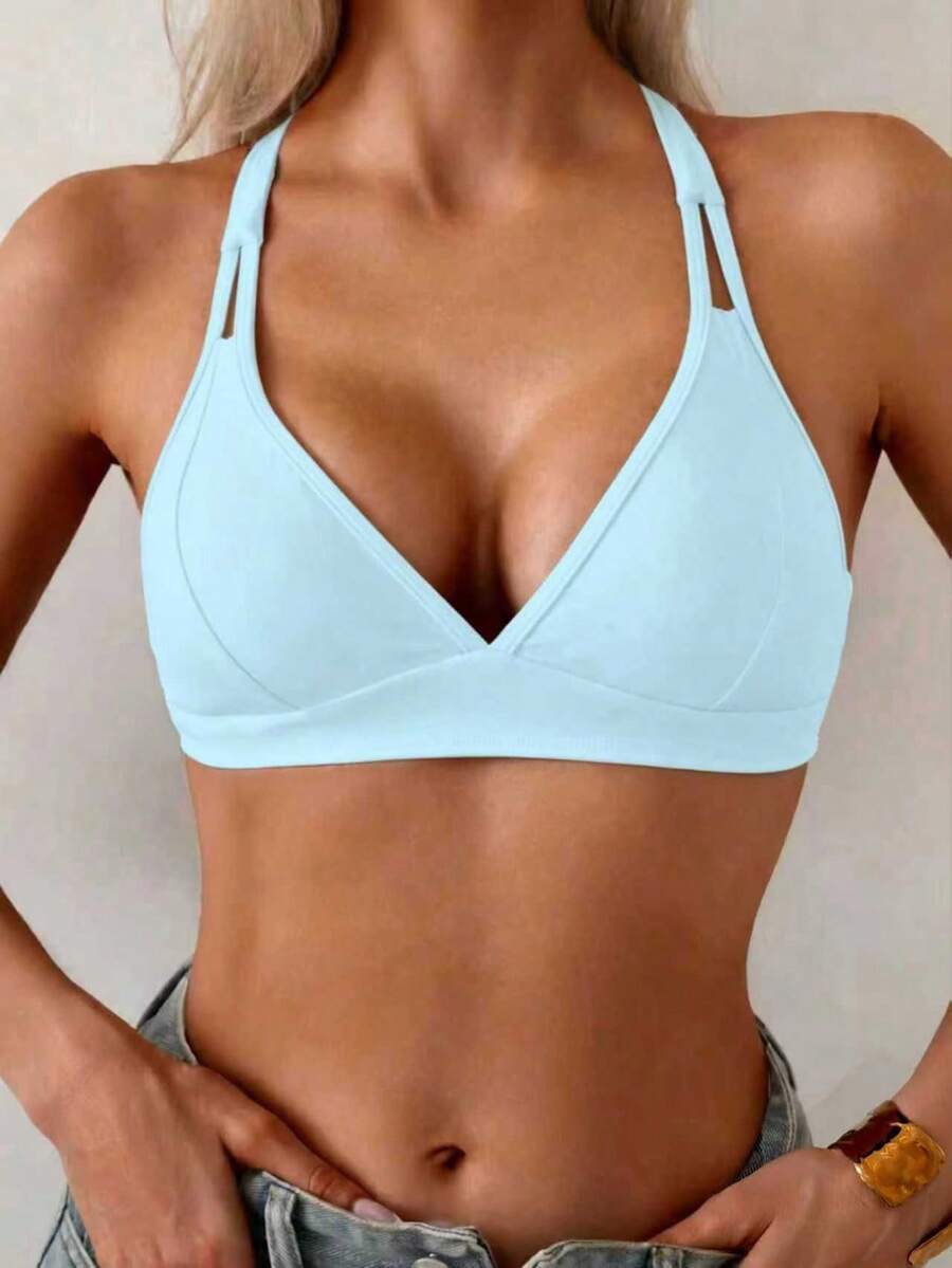 SHEIN Swim 女士纯色交叉后背带简约休闲比基尼上衣 - 淺藍色 - 查看 1