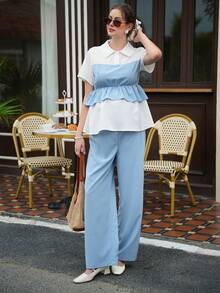 Momance 两件套孕妇休闲娃娃衫上衣和可调节腰围阔腿裤套装，适合春、夏、秋季穿着。 - 藍白色 - 查看 5