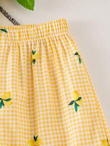 Souflis Souflis 小女孩可爱甜美格子柠檬蝴蝶结印花吊带背心和阔腿裤套装，夏季海滩度假休闲装 - 黃色 - 查看 5