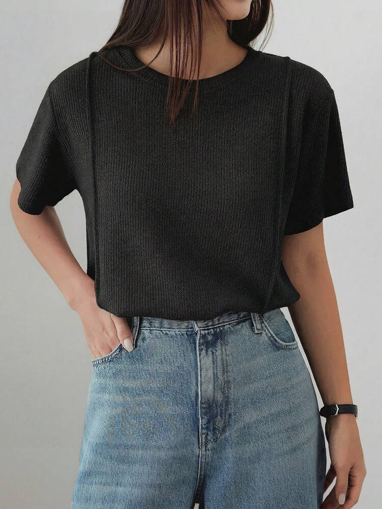 Women's Textured Black Casual/Business Loose Fit Short Sleeve T-Shirt, Suitable For Spring And Summer, Fashionable For Office And Street Wear