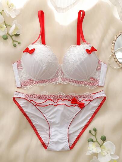Ensemble de lingerie en maille brodée avec décoration en nœud pour femmes