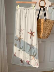 SHEIN EZwear 女式抽绳腰口袋海星印花宽松阔腿运动裤 - 白色 - 查看 4