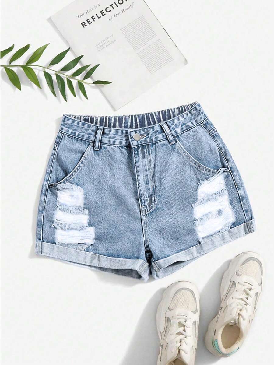 Breezaya Plus Size Casual Washed Distressed Denim Shorts - Light Wash - View 1