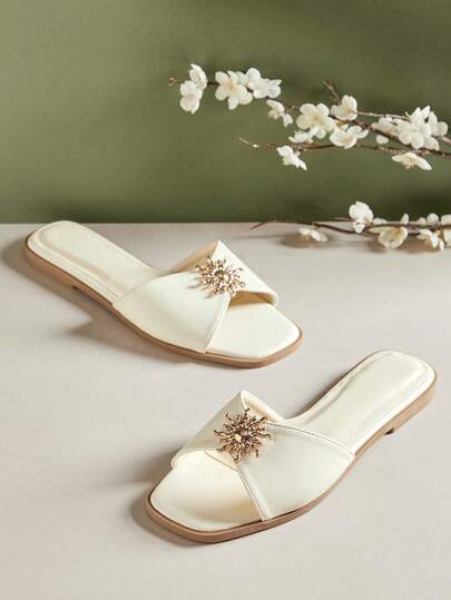 SHUZIA Glamorous Ladie's Chic Slide-In Off-White Faux Leather Pu Square Toe Gold Decor Sexy Cute Comfortable Spring Summer Holiday Valentine Vacation Shoes