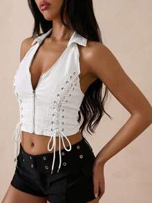 StreetHx Women's Solid Color Lace-Up Zipper Halter Backless Sexy Sleeveless Denim Crop Top - White - View 6