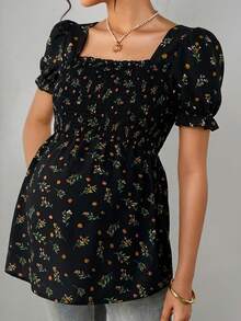 Momance Blusa elegante de maternidad con estampado floral diminuto y ajuste ceñido - Negro - Ver 10
