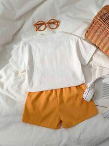 SHEIN 2pcs/Set Baby Boy/Girl White Summer Graphic Beach Outfit,Letter Print Crew Neck Top T-Shirt&Elastic Waist Shorts Set,Casual Sports Streetwear Style - Multicolor - View 7