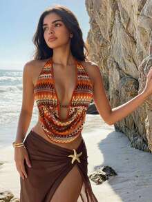 ROMWE Avant Damen Retro Urlaubs Boho Sexy Trägertop mit Holzperlen Dekor, Jacquard Strick Camisole - Orange - Übersicht 5