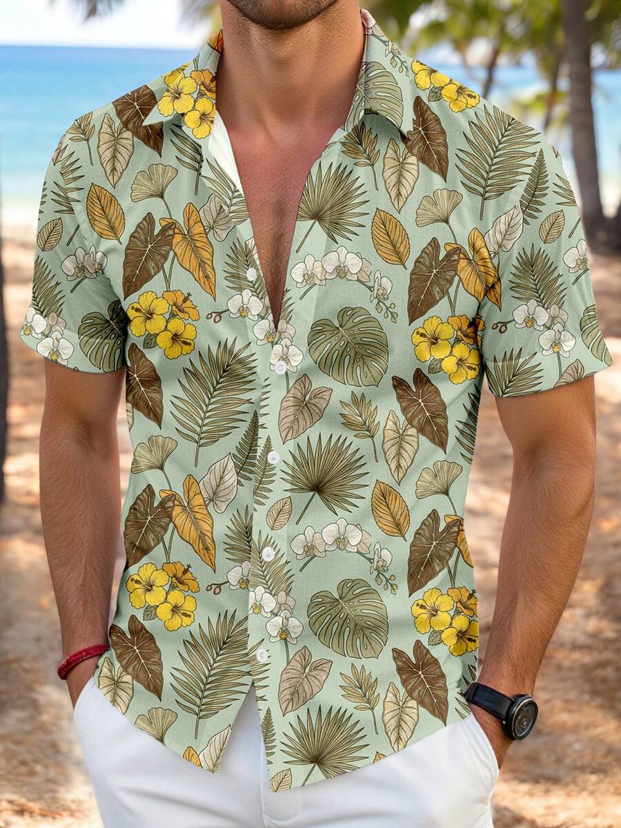 VIVINTIMO Áo sơ mi nam in họa tiết hoa, thích hợp cho hẹn hò, kỳ nghỉ ở Hawaii, hoặc mặc thường ngày. - Nhiều màu - Xem 1