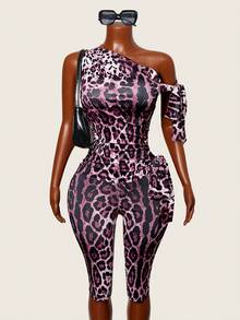 BamGleam 女士夏季豹纹无袖系腰修身七分连体裤 - 粉色 - 查看 7