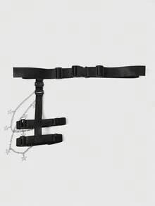 ROMWE Goth 1 pieza Cinturón de liga ajustable de lona con cadenas de estrella de cinco puntas de metal - Cadena de doble pentagrama negra - Ver 2