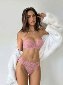 Aloruh 2件套女士优雅性感蕾丝内衣套装 - 粉色 - 查看 8