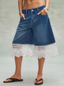 Bohemela 休闲梭织牛仔拼接蕾丝边宽松女裤 - 藍色 - 查看 3