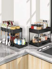 1 Set, Under Sink Organizer, 2-Tier Sliding Cabinet Basket Organizer Drawers, Under Sink Organizers And Storage, Bathroom Kitchen Cabinet Organizer With Hooks Cup, The Bottom Drawers Can Be Slid Out, Kitchen Accessories,Storage,Kitchen Organiser,Kitchen Items,Room Decor,Home Decor. - Black - View 5