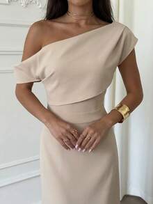 Firerie Váy maxi màu mơ dịu dàng dành cho nữ, váy xòe cổ xếp ly thanh lịch, váy maxi cổ lệch không tay, phù hợp cho mùa xuân, mùa hè, mùa thu, mùa đông, trang phục đi biển, phong cách sân bay, trang phục nghỉ dưỡng, thanh lịch, đi làm, gợi cảm, mùa cưới, lễ tốt nghiệp, tiệc tốt nghiệp, trang phục biểu diễn, hòa nhạc, trang phục công sở, trở lại trường, trang phục nghỉ dưỡng dành cho nữ, váy sinh nhật dành cho nữ, trang phục giáo viên nữ - Màu be - Xem 3