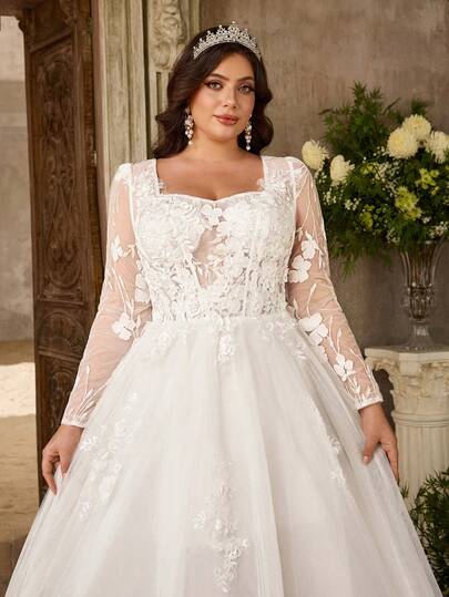 Aureia 大码优雅浪漫白色心形领口薄纱袖刺绣贴花荷叶边下摆新娘婚纱