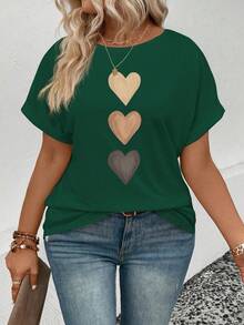 EMERY ROSE Women's Spring/Summer Casual Round Neck Short Sleeve Cuffed Ombre Heart Print Plus Size T-Shirt - Dark Green - View 5