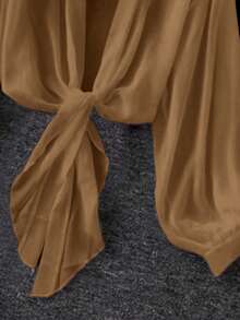 Linhara Plus Size Women Solid Color Lantern Sleeve Tie Waist Blouse - Brown - View 5