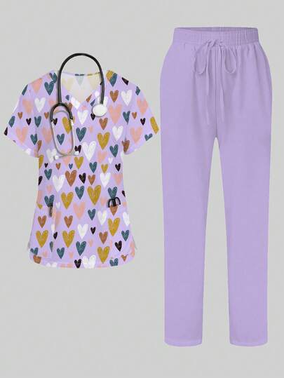 PopScrub Bộ đồng phục y tá 2 mảnh gồm áo ngắn tay cổ chữ V in hình trái tim nhiều màu sắc có túi và quần tím nhạt, trang phục y tế.