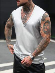 SLATEMANN 男士无袖背心，V领设计，银色反光面料，街头风 - 銀色 - 查看 6