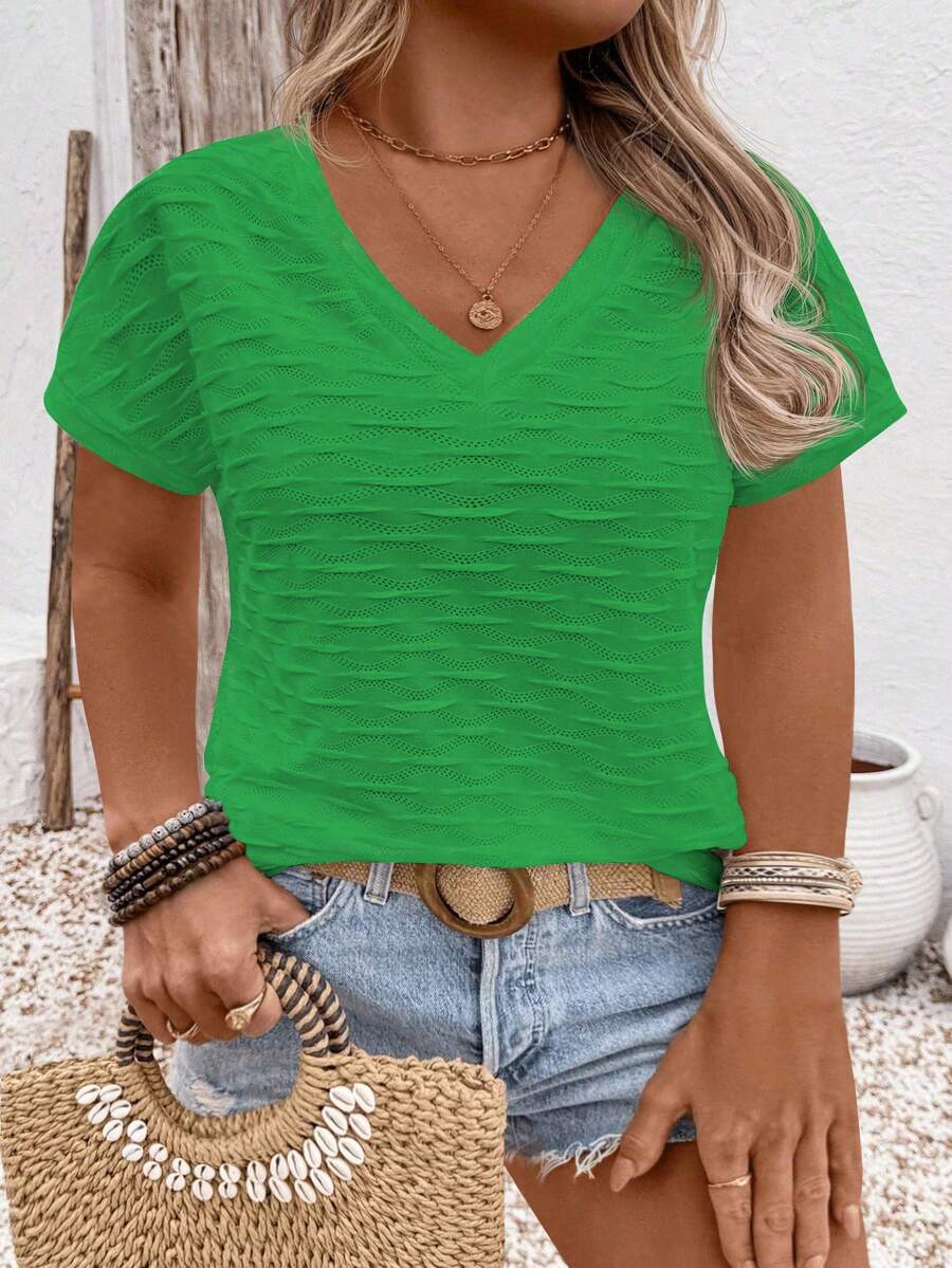 EMERY ROSE Women's Spring/Summer Casual V-Neck Short Sleeve Wavy Jacquard Textured Knit Plus Size T-Shirt - Green - View 1