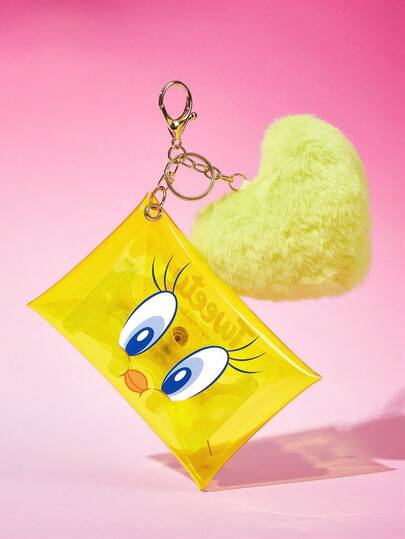 LOONEY TUNES X SHEIN 1个透明PVC卡通印花零钱包，配有硬币夹，饰有毛球图案，带有挂钩，可存放硬币、卡片、口红和其他小物件，适合男女学生使用，图案为崔弟鸟