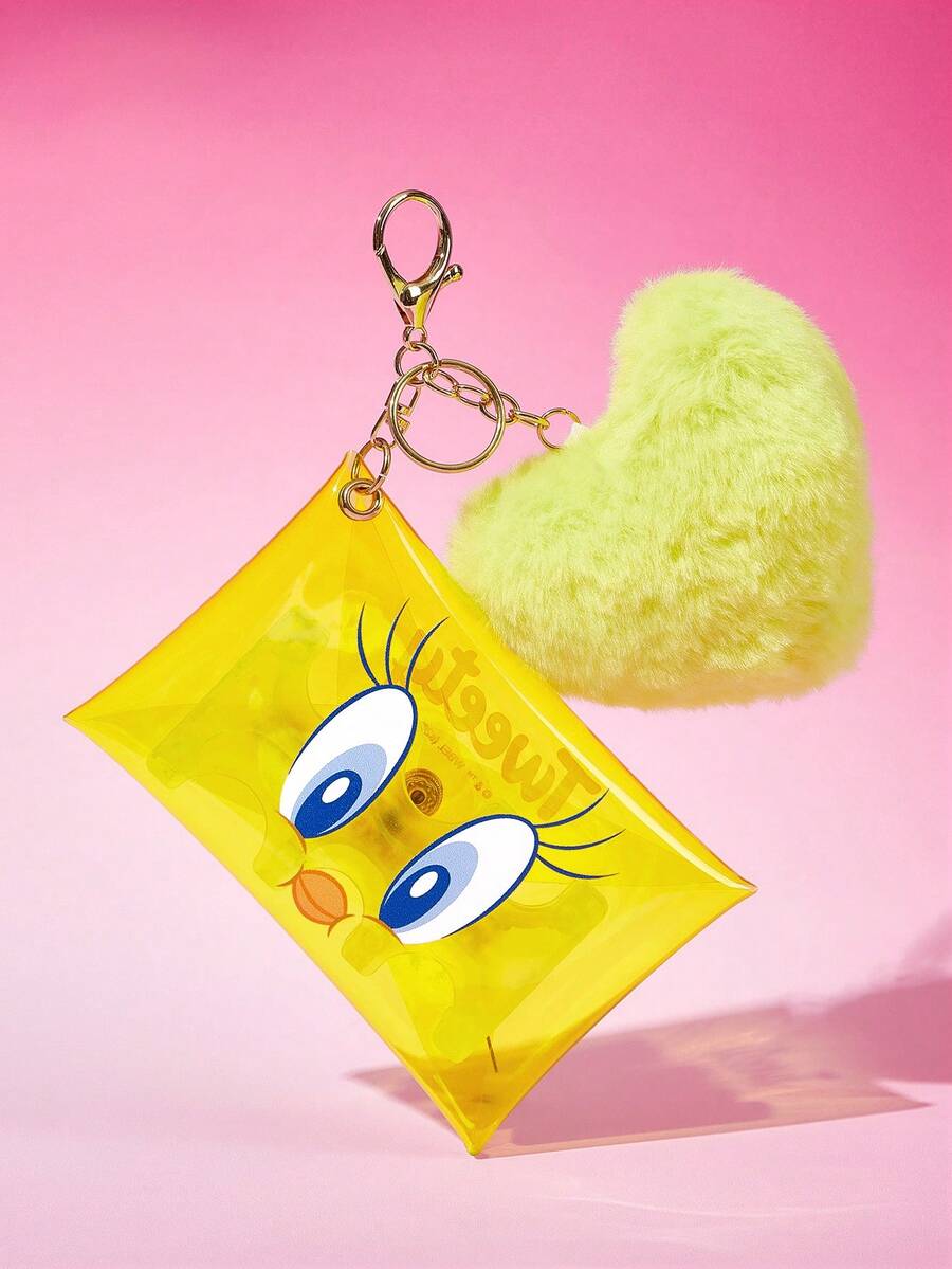 LOONEY TUNES X SHEIN 1个透明PVC卡通印花零钱包，配有硬币夹，饰有毛球图案，带有挂钩，可存放硬币、卡片、口红和其他小物件，适合男女学生使用，图案为崔弟鸟 - 黃色 - 查看 1