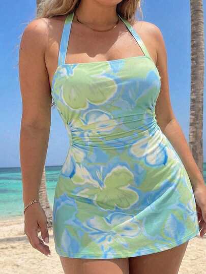 SHEIN MOD Plus Size Blue Floral Print Halter Mini Dress, Summer Vacation Dress, Beach Dress,Halter Neck Floral Mini Dress Lightweight Chiffon Fabric Blue Green Colorway A-Line Silhouette Backless Tie Strap Summer Casual Feminine Sleeveless Printed Short Dress