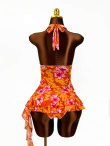 Vaytide Nuevo vestido de verano de ajuste ceñido con volantes multicapa y estampado de plantas tropicales semitransparente, vestido de playa sexy con espalda descubierta y ajuste estilizante, conjunto de traje de baño de 2 piezas con shorts para mujer - Multicolor - Ver 7