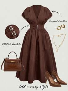 Gownix Plus Size Minimalist Chocolate Brown V-Neck Batwing Sleeve Dress With Metal Buckle,Autumn Elegant Tea Party Curve Western Vintage Outfits For Women - Brown - View 1