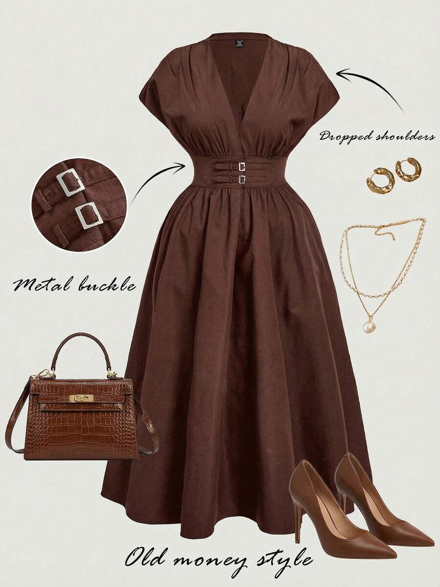 Gownix Plus Size Minimalist Chocolate Brown V-Neck Batwing Sleeve Dress With Metal Buckle,Autumn Elegant Tea Party Curve Western Vintage Outfits For Women - Brown - View 1