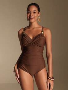 Swim Lushoire Ensemble de camisole et bikini croisé élégant Top de gamme marron 26SS Printemps/Été. Nouvelle arrivée de maillots de bain pour femmes 2026, convenant pour l'école, les vacances, les rendez-vous, le thé de l'après-midi, les voyages en Occident, les road trips, toutes les saisons, les festivals de musique, l'automne décontracté, le style boho occidental. Maillots de bain une pièce avec maintien du ventre, forme du corps, attache dans le dos. - Tabac - Voir 8