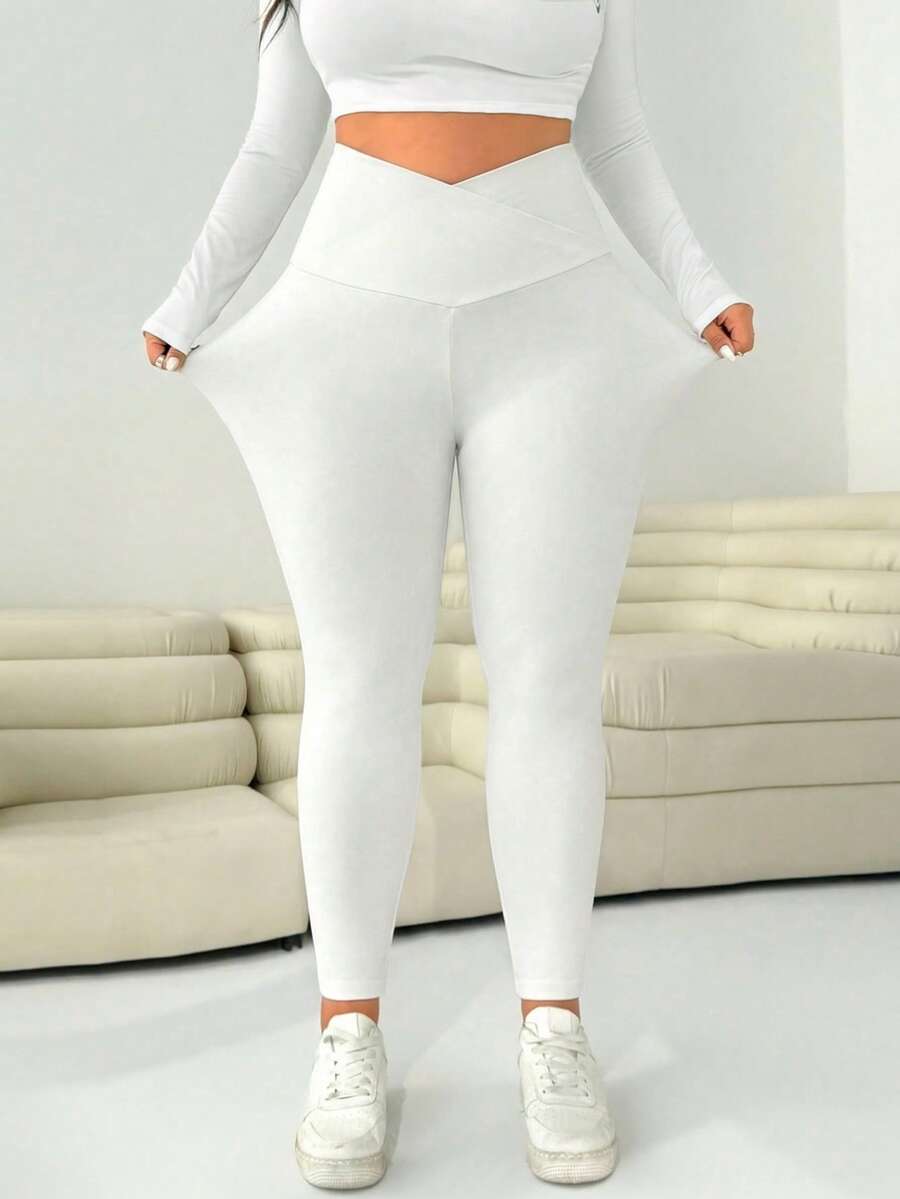Solflare Quần legging trắng bó sát dành cho nữ cỡ lớn, cạp lệch. - trắng - Xem 1