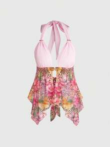 ROMWE Avant Áo croptop gợi cảm in hình hoa dâm bụt đính đá lấp lánh, vạt áo bất đối xứng, thích hợp cho nữ, phù hợp với kỳ nghỉ lễ hội âm nhạc mùa hè. - Hồng - Xem 1
