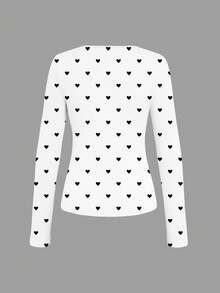 EMERY ROSE Camiseta casual de mujer con cuello en V, mangas raglán y estampado de corazón - Blanco y Negro - Ver 2