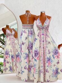 Sweetra Bohemian Style Printed Beach Slip Dress - Lilac Purple - View 1