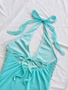 Soleia 新款休闲度假西部海滩婚礼宾客着装返校毕业早午餐圣帕特里克节春假复活节音乐节优雅波西米亚热带露背迷你连衣裙 - 淺藍色 - 查看 5