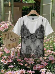 SHEIN MOD Áo thun ngắn cổ tròn ren tương phản 2 trong 1 màu trắng cỡ lớn, dành cho mùa hè - Đen và trắng - Xem 5