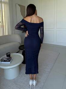 Milla Jasmine Vestido largo y plisado de hombros descubiertos y mangas largas para mujer, vestido largo elegante de mujer de manga larga con hombros descubiertos, ajustado y de color azul marino, vestidos largos lisos para mujer, ropa de fiesta y discoteca para primavera/otoño - Azul Marino - Ver 3