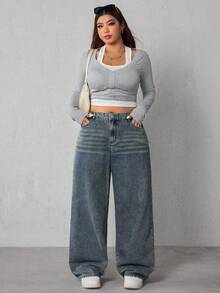 SHEIN ICON Plus Size Casual Washed Loose Wide-Leg Jeans - Dusty Blue - View 3