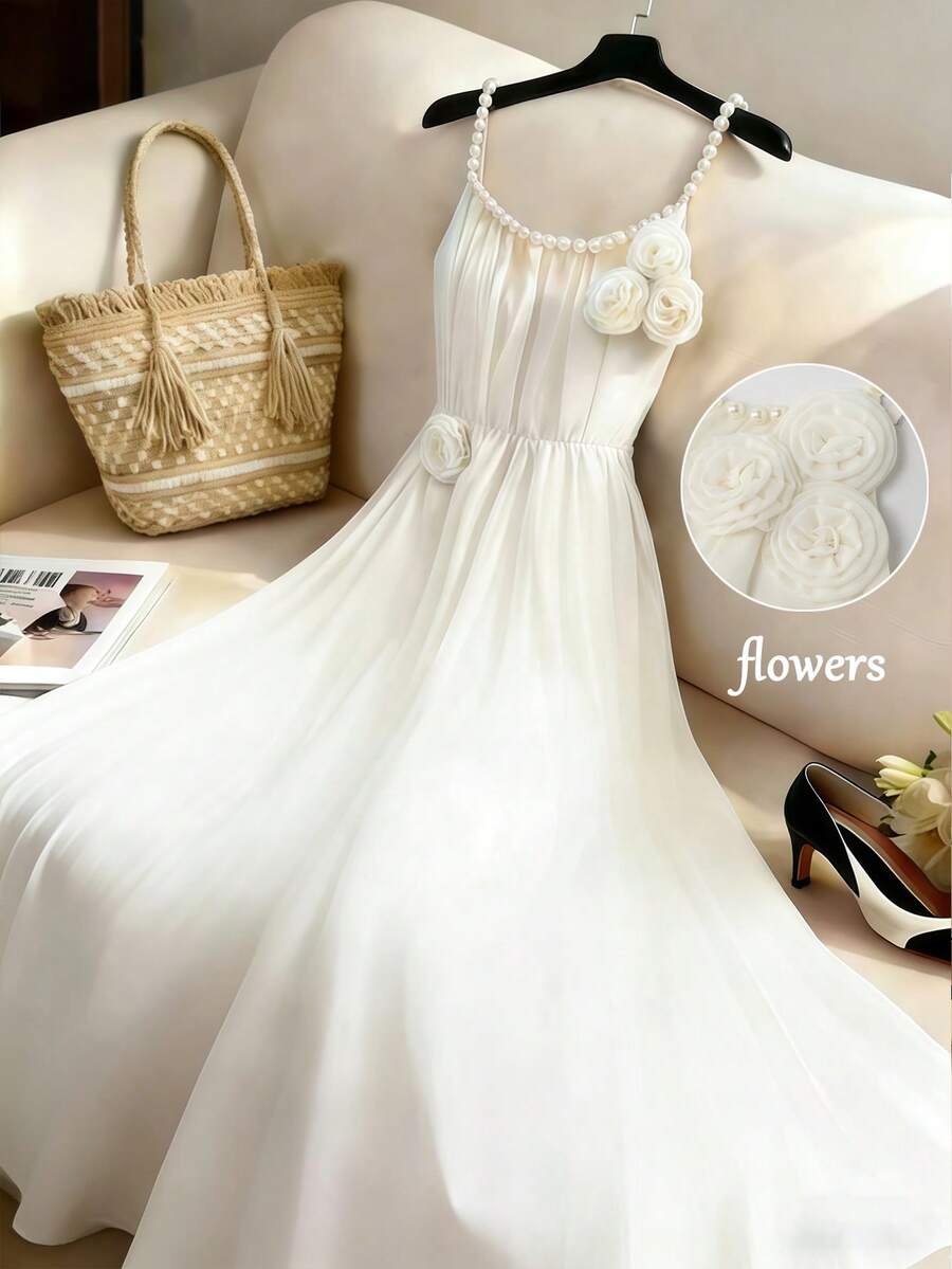 GlowEve 米色欧根纱珍珠装饰3D立体花卉优雅女士长裙 - 米色 - 查看 1