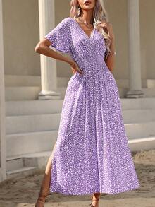 SHEIN LUNE 女士碎花腰带荷叶袖优雅连衣裙，适合度假、夏季穿着，包括女士裹身连衣裙、夏季休闲连衣裙和节日连衣裙。 - 紫色 - 查看 4