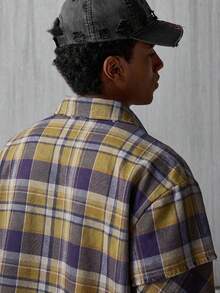 NEON BLANC Men's Plaid Print Patch Pocket Front Button Casual Long Sleeve Shirt - Brown - View 4