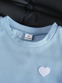 SHEIN 女童可爱爱心刺绣针织短袖T恤套装，时尚休闲运动装，适合日常、户外、度假穿着 - 藍色 - 查看 7