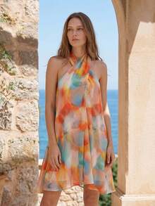 Vestido mini elegante de mujer con estampado floral y cuello halter, para verano - Multicolor - Ver 3